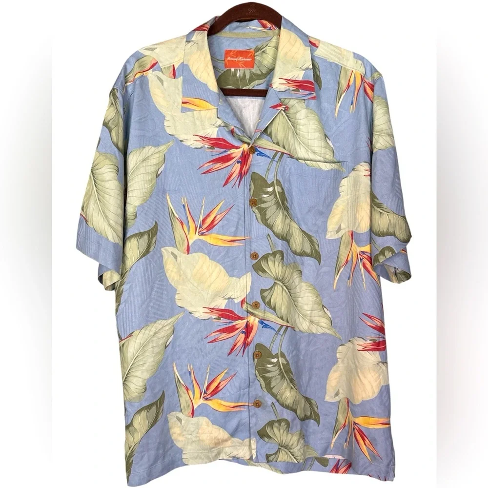 Tommy Bahama Button Shirt Multi Color Floral Bird Of Paradise 100% Silk Large - Picture 1 of 6